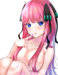 Rule 34 | 1girl, black ribbon, blue eyes, blue nails, blunt bangs, blush, breasts, butterfly hair ornament, cleavage, collarbone, completely nude, go-toubun no hanayome, hair censor, hair ornament, hair over breasts, hair ribbon, hand up, highres, knees up, kurosaki coco, large breasts, long hair, looking at viewer, nail polish, nakano nino, nude, parted lips, pink hair, pink nails, ribbon, simple background, solo, white background