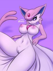 Rule 34 | 1girl, :3, animal ears, animal nose, artist name, bob cut, breasts, buutymon, cat ears, cat girl, cat tail, cleft of venus, closed mouth, collarbone, colored sclera, creatures (company), espeon, female focus, forehead jewel, forked tail, furry, furry female, fusion, game freak, gardevoir, gem, gen 2 pokemon, gen 3 pokemon, groin, hair over one eye, happy, large breasts, lying, navel, nintendo, nipples, nude, on back, one eye covered, pink eyes, pink hair, pokemon, pokemon (creature), puffy nipples, purple background, purple sclera, pussy, red gemstone, short hair, signature, simple background, smile, solo, spread legs, stomach, tail, tail raised, thick thighs, thighs, uncensored