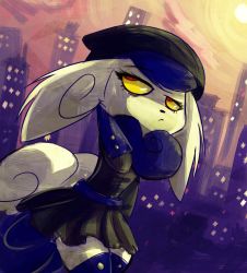 Rule 34 | 1girl, :&lt;, artist name, blue hair, building, cat, city, clothed pokemon, creatures (company), female focus, furry, furry female, game freak, gen 6 pokemon, hat, looking away, looking to the side, meowstic, meowstic (female), nintendo, pokemon, pokemon (creature), skirt, sky, solo, sun, thighhighs, yellow eyes