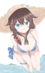 Rule 34 | 1girl, ahoge, az toride, bikini, black hair, black ribbon, blue bikini, blue eyes, braid, breasts, brown hat, cleavage, feet out of frame, hair flaps, hair over shoulder, hat, kantai collection, large breasts, leaning forward, long hair, medium breasts, neck ribbon, official alternate costume, ribbon, shigure (kancolle), shigure kai san (kancolle), side-tie bikini bottom, simple background, single braid, solo, straw hat, sun hat, swimsuit, white background