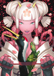 Rule 34 | 1girl, animal, asphyxiation, bird, blue eyes, breasts, cleavage, crane (animal), demon girl, fangs, horns, japanese clothes, juuden, large breasts, oni, original, pointy ears, red oni, smile, solo, strangling, turtle, what, white hair