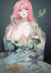 Rule 34 | 1girl, absurdres, breasts, bug, butterfly, cleavage, collarbone, green kimono, highres, bug, japanese clothes, kimono, kimono pull, large breasts, looking at viewer, no bra, open mouth, partially undressed, pink eyes, pink hair, saigyouji yuyuko, sign (jojo1408), simple background, smile, solo, touhou, wide sleeves