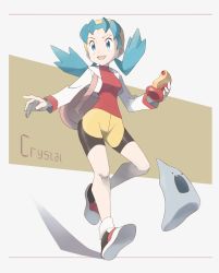 Rule 34 | 1girl, animon, animon (evolved ditto), bike shorts, blue eyes, blue hair, cameltoe, character name, creatures (company), game freak, gen 1 pokemon, highres, kris (pokemon), md5 mismatch, nintendo, nomura (buroriidesu), pokemon, pokemon (creature), pokemon gsc, pokemon gsc (prototype), prototype design, resolution mismatch, shoes, smile, sneakers, source smaller, spiked hair, twintails