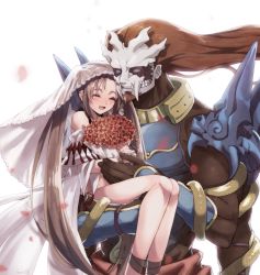 Rule 34 | 1boy, 1girl, :d, alternate eye color, artist name, blue eyes, blush, bouquet, bridal veil, brown hair, carrying, closed mouth, commentary request, couple, extra arms, fate/grand order, fate (series), flower, hetero, highres, holding, holding bouquet, husband and wife, long hair, muscular, muscular male, open mouth, seeds328, smile, veil, very long hair, xiang yu (fate), yu mei-ren (fate), yu mei-ren (swimsuit lancer) (fate)