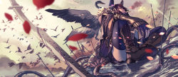 Rule 34 | 10s, 1girl, after battle, bird, black gloves, black thighhighs, blood, bloody weapon, boots, brown footwear, brown jacket, cigarette, cloud, commentary request, embellished costume, flag, fujita (condor), gloves, headgear, highres, jacket, kantai collection, long sleeves, looking away, ocean, partially fingerless gloves, petals, planted, planted sword, planted weapon, purple hair, revision, seagull, sitting, smoking, sword, tenryuu (kancolle), thighhighs, weapon, wo-class aircraft carrier, yellow eyes