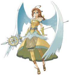 Rule 34 | 1girl, ahoge, arms at sides, belt, blue eyes, brown hair, coat, enami katsumi, feathers, full body, hair ribbon, jewelry, jpeg artifacts, long hair, low-tied long hair, necklace, official art, pants, polearm, ponytail, ribbon, sandals, sarah jerand, scan, simple background, solo, star ocean, star ocean the last hope, weapon, white background, wings, wrist cuffs