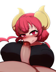 Rule 34 | 1boy, 1girl, absurdres, black shirt, blush, breasts, curled horns, fellatio, hetero, highres, horns, huge breasts, ilulu (maidragon), kobayashi-san chi no maidragon, looking at viewer, oral, penis, pointy ears, pov, red eyes, red hair, rolrae, shirt, simple background, slit pupils, twintails, uncensored, upper body, white background