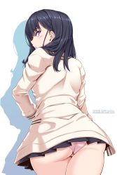Rule 34 | 10s, 1girl, akitsuki karasu, ass, back, black hair, black skirt, blue eyes, blush, commentary request, copyright name, gridman universe, highres, hip focus, long hair, long sleeves, looking at viewer, looking back, open mouth, panties, parted lips, pink panties, simple background, skirt, solo, ssss.gridman, sweater, takarada rikka, underwear, white background, white sweater