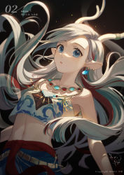 Rule 34 | 1girl, a deer of nine colors, absurdres, animal ears, antlers, arknights, bare arms, bare shoulders, blue eyes, blue hair, chinese commentary, commentary request, crop top, deer antlers, deer ears, earrings, highres, horns, jewelry, kongzao, looking at viewer, midriff, multicolored hair, navel, necklace, nine-colored deer, parted lips, red hair, shirt, silver hair, solo, stomach, strapless, strapless shirt, upper body
