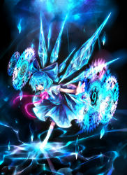 Rule 34 | 1girl, bad id, bad pixiv id, blue eyes, blue hair, blue theme, bow, circled 9, cirno, dress, fang, full body, glowing, hair bow, ice, ice wings, kneehighs, large bow, magic, magic circle, matching hair/eyes, neck ribbon, outstretched arms, reflection, ribbon, shigaraki (strobe blue), short hair, socks, solo, spread arms, standing, standing on one leg, touhou, white socks, wings