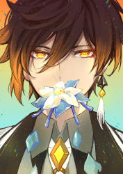 Rule 34 | 1boy, absurdres, black hair, close-up, collared shirt, covered mouth, earrings, flower, formal, genshin impact, hair between eyes, highres, jacket, jewelry, jin (phoenixpear), long hair, looking at viewer, male focus, multicolored hair, petals, shirt, simple background, single earring, solo, suit, tassel, tassel earrings, yellow eyes, zhongli (genshin impact)