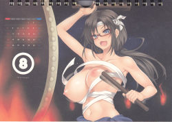 Rule 34 | 1girl, arm up, armpits, bare shoulders, black hair, blue eyes, blush, bouncing breasts, breasts, calendar, cle masahiro, collarbone, drum, female focus, field, fire, glasses, headband, highres, holding, instrument, large breasts, long hair, looking at viewer, makinami mari illustrious, navel, neon genesis evangelion, nipples, no shirt, open mouth, puffy nipples, red-framed eyewear, sarashi, semi-rimless eyewear, shadow, simple background, smile, solo, standing, sweat, taiko, tongue, twintails, upper body, wardrobe malfunction