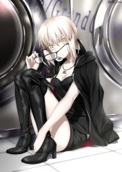Rule 34 | 1girl, absurdres, artoria pendragon (all), artoria pendragon (fate), black camisole, black footwear, black jacket, black ribbon, black shorts, blonde hair, boots, breasts, blowing bubbles, camisole, chewing gum, cleavage, collarbone, fate/grand order, fate/stay night, fate (series), foo (pixiv54892036), glasses, hair ribbon, highres, jacket, jacket on shoulders, jewelry, long hair, long sleeves, looking at viewer, low ponytail, necklace, official alternate costume, open clothes, open jacket, ribbon, saber alter, saber alter (ver. shinjuku 1999) (fate), short shorts, shorts, sidelocks, small breasts, solo, squatting, thighs, yellow eyes