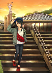 Rule 34 | 1girl, bag, black hair, blue hat, building, closed mouth, cloud, dog boy, evening, fanny pack, grass, green jacket, hair over one eye, hair ribbon, hat, highres, hitakikan, jacket, kantai collection, kumano maru (kancolle), long hair, looking at viewer, open clothes, open jacket, outdoors, pants, red footwear, ribbon, shirt, shoes, sky, sneakers, solo, standing, statue, white ribbon, white shirt