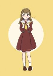 Rule 34 | 1girl, blunt bangs, blush, bright pupils, brown footwear, brown hair, circle, clenched hands, closed mouth, commentary request, full body, hasu no sora school uniform, highres, kachimachi kosuzu, kneehighs, link! like! love live!, loafers, long sleeves, looking at viewer, love live!, medium hair, neckerchief, purple eyes, sailor collar, school uniform, shoes, smile, socks, solo, standing, tottsan, v-shaped eyebrows, virtual youtuber, white pupils, white sailor collar, white socks, winter uniform, yellow neckerchief