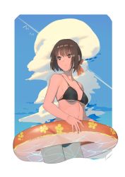 Rule 34 | 1girl, bow, breasts, brown eyes, brown hair, cleavage, collarbone, hair bow, holding, holding swim ring, innertube, lanzi (415460661), large breasts, looking away, orange bow, original, parted lips, short hair, solo, swim ring