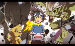 Rule 34 | 1boy, abs, agumon, bad id, bad pixiv id, belt, breath weapon, breathing fire, brother and sister, brown eyes, brown hair, claws, debris, digimon, digimon (creature), digimon adventure, earrings, fire, gloves, goggles, goggles on head, green eyes, hajime (hajime-ill-1st), highres, horns, jewelry, koromon, letterboxed, male focus, open mouth, orgemon, sharp teeth, shirt, shorts, siblings, solo, sweat, t-shirt, teeth, tongue, torn clothes, white gloves, yagami hikari, yagami taichi