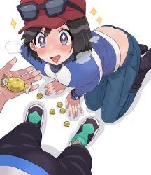 Rule 34 | all fours, black footwear, black hair, black pants, blue jacket, blush, boots, bracelet, breath, bright pupils, calem (pokemon), candy, candy wrapper, commentary request, creatures (company), diamond-shaped pupils, diamond (shape), eyewear on headwear, food, game freak, grey eyes, hat, highres, holding, jacket, jewelry, long sleeves, nintendo, open mouth, pants, pokemon, pokemon masters ex, pokemon xy, red headwear, sana (37pisana), scottie (pokemon), sexually suggestive, shirt, shoes, short hair, sparkle, sunglasses, symbol-shaped pupils, tongue, tongue out, white pupils