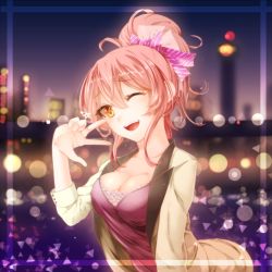Rule 34 | 10s, 1girl, blurry, bokeh, bow, breasts, cleavage, depth of field, eyebrows, hair bow, highres, idolmaster, idolmaster cinderella girls, jougasaki mika, long hair, one eye closed, open mouth, pink hair, ponytail, smile, solo, unier, v, yellow eyes