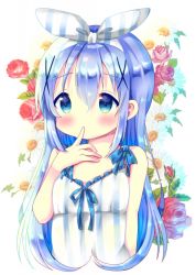 Rule 34 | 1girl, alternate costume, arm at side, arm up, bare arms, blue eyes, blue hair, blush, chocolat (momoiro piano), commentary request, cropped torso, daisy, dress, finger to mouth, floral background, flower, gochuumon wa usagi desu ka?, hair between eyes, hair ornament, hair ribbon, kafuu chino, long hair, looking at viewer, purple flower, purple rose, red flower, red rose, ribbon, rose, solo, standing, striped clothes, striped dress, striped ribbon, sundress, upper body, very long hair, white background, x hair ornament