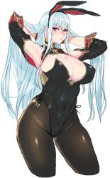 Rule 34 | 1girl, animal ears, armpits, arms behind head, arms up, bare shoulders, black leotard, black pantyhose, blue hair, blush, bow, breasts, cleavage, covered erect nipples, covered navel, curvy, detached collar, detached sleeves, fake animal ears, highres, large breasts, leotard, long hair, looking at viewer, military, military uniform, pantyhose, panzer (p.z), playboy bunny, rabbit ears, red eyes, selvaria bles, senjou no valkyria (series), solo, standing, strapless, uniform, very long hair, wide hips