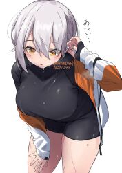 Rule 34 | adjusting hair, black bodysuit, bodysuit, breasts, cowboy shot, dripping, grey hair, hand on own thigh, headset, highres, jacket, leaning forward, long bangs, looking down, medium breasts, multicolored clothes, multicolored jacket, nishisaki fuyuka, open clothes, open jacket, orange eyes, orange jacket, original, short hair, short hair with long locks, showhey!!, simple background, thighs, two-tone jacket, wet, white background, white jacket