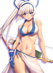 Rule 34 | 1girl, blue eyes, bow (weapon), breasts, covered erect nipples, dark-skinned female, dark skin, highres, holding, holding weapon, looking at viewer, majikina mina, medium breasts, navel, no panties, ponytail, revision, saigado, samurai spirits, sarong, shiny skin, side-tie skirt, snk, solo, standing, weapon, white hair, white sarong