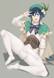 Rule 34 | 1boy, androgynous, bad id, bad pixiv id, blue hair, bow, braid, bulge, cape, erection, erection under clothes, flower, frilled sleeves, frills, genshin impact, green eyes, green hat, grey background, hat, highres, huge penis, huge testicles, leaf, long sleeves, looking at viewer, male focus, metal owl (aden12), open mouth, pantyhose, penis, ribbon, simple background, smile, solo, testicles, trap, twin braids, v, venti (genshin impact), white flower, white pantyhose