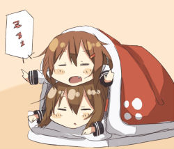 Rule 34 | 10s, 2girls, = =, blanket, blush stickers, brown hair, fang, folded ponytail, hair ornament, hairclip, ikazuchi (kancolle), inazuma (kancolle), kantai collection, long hair, multiple girls, nonono (mino), open mouth, personification, short hair, sleeping, zzz