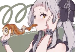 Rule 34 | 1girl, alternate costume, arched bangs, black choker, black dress, blush, chocolate cornet, choker, commentary, dress, eating, food, frilled shirt collar, frills, grey hair, tucking hair, harapeko zombie inu, hololive, jewelry, long hair, looking at viewer, murasaki shion, necklace, official alternate hairstyle, sidelocks, sideways glance, solo, symbol-only commentary, twintails, upper body, virtual youtuber, wrist cuffs, yellow eyes