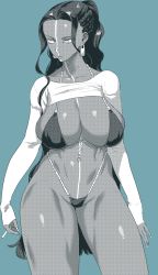 Rule 34 | 1girl, blue background, breasts, cigarette, cleavage, dark-skinned female, dark skin, earrings, fate/grand order, fate (series), forehead, genderswap, genderswap (mtf), geronimo (fate), greyscale, greyscale with colored background, highres, jewelry, large breasts, long hair, monochrome, muscular, muscular female, navel, navel piercing, parted lips, piercing, ponytail, rokkotsu, simple background, sleeves past wrists, solo, thighs