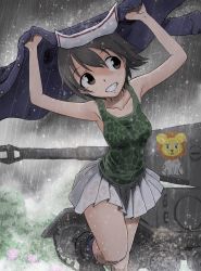 Rule 34 | 1girl, absurdres, arms up, black footwear, black socks, blue jacket, boots, brown eyes, brown hair, commentary, covering privates, emblem, girls und panzer, green shirt, grey sky, grin, highres, jacket, unworn jacket, kainushi, leg up, leopon (animal), long sleeves, looking to the side, military, military uniform, military vehicle, miniskirt, motor vehicle, nakajima (girls und panzer), ooarai military uniform, outdoors, overcast, pleated skirt, rain, running, see-through, shirt, short hair, skirt, sky, smile, socks, solo, standing, standing on one leg, tank, tank top, tiger (p), uniform, wet, wet clothes, wet shirt, wet skirt, white skirt