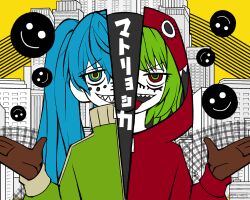 Rule 34 | 1girl, 2girls, aqua eyes, aqua hair, brown gloves, building, facial mark, flat color, gamijin4012, gloves, green eyes, green hair, green sweater, gumi, hatsune miku, highres, hood, hoodie, long hair, matryoshka (vocaloid), multicolored eyes, multiple girls, open mouth, red eyes, red hoodie, signature, smile, smiley face, split theme, sweater, tongue, twintails, twitter username, vocaloid, yellow eyes, zipper