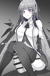 Rule 34 | 1boy, 1girl, arknights, ascot, bar censor, blunt bangs, blush, breasts, censored, closed mouth, detached wings, dior-zi, garter straps, gloved handjob, gloves, gradient background, grey background, handjob, hetero, highres, knees up, large breasts, long hair, looking down, miniskirt, monochrome, penis, pleated skirt, sitting, skirt, smile, solo focus, spot color, thighhighs, very long hair, virtuosa (arknights), wings