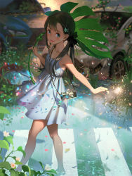 Rule 34 | 1girl, bare arms, bare legs, bare shoulders, blue eyes, blurry, blurry background, blush, bow, breasts, brown hair, camera, car, commentary, depth of field, dress, english commentary, fish, frog, hair bow, hair ornament, highres, leaf, long hair, looking at viewer, motor vehicle, open mouth, original, outdoors, plant, sleeveless, sleeveless dress, small breasts, smile, solo, twintails, vofan, water, water drop, white dress