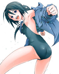 Rule 34 | 10ro, 1girl, armpits, ass, black hair, blue eyes, competition swimsuit, flat chest, from behind, happy, jacket, leaning forward, legs, long hair, looking back, one-piece swimsuit, open clothes, open jacket, open mouth, original, ponytail, shiny clothes, shiny skin, solo, swimsuit, wet