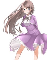 Rule 34 | 1girl, amanchu!, arms behind back, black ribbon, blue eyes, brown hair, closed mouth, dress, floating hair, frills, hechi (hechi322), legs apart, long hair, looking to the side, ooki futaba, pink dress, purple dress, ribbon, school uniform, shrug (clothing), smile, solo, split mouth, standing, swept bangs, very long hair, white background, wind