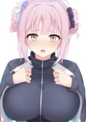Rule 34 | 1girl, absurdres, black jacket, blue archive, blush, breasts, double bun, flower, hair bun, hair flower, hair ornament, highres, jacket, large breasts, long sleeves, looking at viewer, mika (blue archive), open mouth, pink hair, purple flower, short hair, simple background, siranui desu, solo, upper body, white background, yellow eyes
