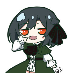 Rule 34 | 1girl, absurdres, ascot, black ascot, black hair, black ribbon, center frills, check commentary, chibi, chibi only, commentary request, dress, fang, frilled sleeves, frills, green jacket, hair ribbon, half-closed eyes, highres, jacket, koufukuron (love live!), layered sleeves, long sleeves, looking at viewer, love live!, love live! nijigasaki high school idol club, mifune shioriko, oofushi ao, open mouth, pointing at mouth, red eyes, ribbon, short hair, short over long sleeves, short sleeves, signature, solo, upper body, white background, white dress