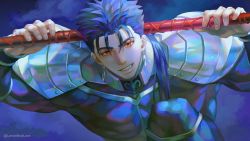 Rule 34 | 1boy, armor, bad id, bad twitter id, blue bodysuit, blue hair, bodysuit, closed mouth, cu chulainn (fate), cu chulainn (fate/stay night), derivative work, earrings, fang, fate/stay night, fate (series), gae bolg (fate), grin, holding, holding polearm, holding weapon, jewelry, kim yura (goddess mechanic), long hair, looking at viewer, male focus, muscular, muscular male, pauldrons, polearm, ponytail, red eyes, screenshot redraw, shoulder armor, skin tight, slit pupils, smile, solo, spiked hair, twitter username, weapon