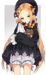 Rule 34 | 1girl, abigail williams (fate), absurdres, black bow, black dress, black hat, blonde hair, bloomers, blue eyes, bow, bug, butterfly, closed mouth, commentary request, dress, fate/grand order, fate (series), forehead, gradient background, grey background, hair bow, hat, head tilt, highres, hugging object, insect, long hair, long sleeves, looking at viewer, moonlaw, orange bow, parted bangs, polka dot, polka dot bow, sleeves past fingers, sleeves past wrists, solo, stuffed animal, stuffed toy, teddy bear, underwear, very long hair, white background, white bloomers