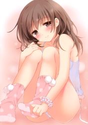 Rule 34 | 1girl, absurdres, bare shoulders, blush, breasts, brown eyes, brown hair, camisole, eyes visible through hair, feet, hands on feet, head tilt, highres, hugging own legs, knees to chest, knees together feet apart, long hair, looking at viewer, no shoes, original, pan (mimi), panties, pink socks, polka dot, polka dot legwear, pom pom (clothes), see-through, sideboob, sitting, small breasts, smile, socks, solo, underwear, white panties, wristband