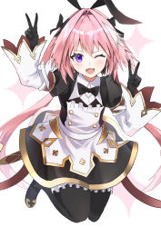 Rule 34 | 1boy, absurdres, astolfo (fate), astolfo (saber) (fate), astolfo (saber) (third ascension) (fate), black bow, black dress, black gloves, black legwear, black neckwear, black ribbon, blush, bow, bowtie, buttons, double v, dress, esu 3101, fang, fate/grand order, fate (series), gloves, hair between eyes, hair bow, hair intakes, hair ribbon, heart, highres, juliet sleeves, jumping, layered skirt, long hair, long sleeves, looking at viewer, low twintails, multicolored hair, one eye closed, open mouth, pink hair, puffy sleeves, purple eyes, ribbon, skirt, smile, streaked hair, thighs, trap, twintails, v, white hair, white skirt, wide sleeves, wing collar