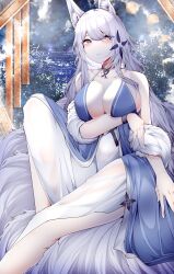 Rule 34 | 1girl, absurdres, animal ear fluff, animal ears, arm under breasts, azur lane, blue collar, blue dress, breast hold, breasts, center opening, collar, dress, evening gown, feather boa, fox ears, halter dress, halterneck, highres, kitsune, kyuubi, large breasts, large tail, looking away, looking to the side, multiple tails, official alternate costume, samip, shinano (azur lane), shinano (dreams of the hazy moon) (azur lane), sleeveless, sleeveless dress, slit pupils, solo, tail, white tail