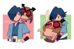 Rule 34 | 1boy, black wristband, blue hair, blue jacket, blue kimono, closed mouth, commentary request, creatures (company), falkner (pokemon), game freak, gen 2 pokemon, hair over one eye, hand on own hip, highres, holding, holding pokemon, hoothoot, jacket, japanese clothes, kimono, male focus, multiple views, nintendo, on shoulder, open clothes, open jacket, pokemon, pokemon (creature), pokemon gsc, pokemon on shoulder, sash, short hair, short sleeves, sleeping, smile, translation request, tyako 089, wristband, zzz