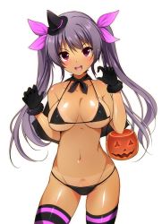 Rule 34 | 1girl, bare shoulders, bikini, black bikini, black gloves, blush, breasts, capelet, character request, commentary request, copyright request, female focus, gloves, hair ornament, hair ribbon, hat, large breasts, long hair, looking at viewer, mini hat, navel, nironiro, purple hair, red eyes, ribbon, simple background, smile, solo, striped clothes, striped thighhighs, swimsuit, tan, tanline, thighhighs, trick or treat, twintails