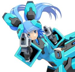Rule 34 | 1girl, blue eyes, blue hair, cosmic break, dual wielding, gun, handgun, highres, holding, lily rain, matching hair/eyes, mecha musume, official art, pistol, solo, transparent background, twintails, wakaba sprout, weapon