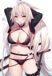 Rule 34 | 1girl, ahoge, armpits, arms behind head, bikini, black bikini, black choker, black jacket, breasts, choker, cleavage, commentary request, cropped jacket, day, fate/grand order, fate (series), jacket, jeanne d&#039;arc alter (swimsuit berserker) (fate), jeanne d&#039;arc (fate), jeanne d&#039;arc alter (fate), jeanne d&#039;arc alter (swimsuit berserker) (fate), katana, large breasts, long hair, muryotaro, navel, o-ring, o-ring bikini, o-ring bottom, o-ring top, ocean, outdoors, rubber band, shrug (clothing), sky, speech bubble, swimsuit, sword, thigh strap, tying hair, very long hair, weapon, white hair, white sky, yellow eyes