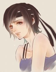 Rule 34 | 1girl, blue shirt, brown hair, crop top, crying, crying with eyes open, dirge of cerberus final fantasy vii, final fantasy, final fantasy vii, grey eyes, headband, highres, s hitorigoto3, shirt, short hair, square enix, tearing up, tears, yuffie kisaragi
