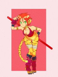 Rule 34 | 1girl, animal ears, armlet, bandages, black nails, bottomless, breasts, breath of fire, breath of fire ii, cajawa23, capcom, facial mark, female focus, fingerless gloves, gloves, green eyes, hair between eyes, highres, jewelry, leaning forward, monster girl, nail polish, neck ring, red hair, rinpoo chuan, short hair, smile, solo, staff, tail, tiger tail, toeless footwear